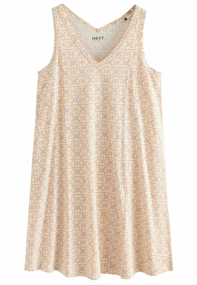Ärmelloses Kleid mit V-Ausschnitt, aus leichtem Stoff gefertigt. Es weist ein geometrisches Muster in sanftem Beige und hellen Pfirsichtönen auf.
