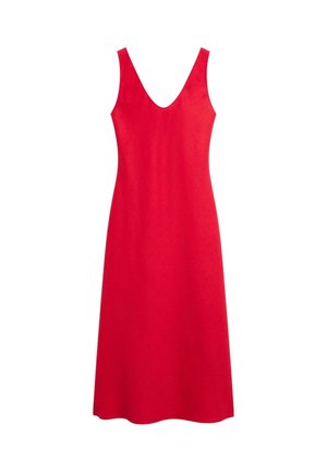 Mouwloze rode midijurk met een diepe V-hals en een licht uitlopende zoom, getoond op een witte achtergrond.