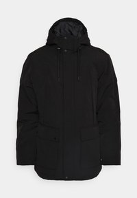 Chaqueta negra con capucha de diseño elegante, que presenta una cremallera frontal, botones de presión y dos grandes bolsillos, fabricada en tejido texturizado.