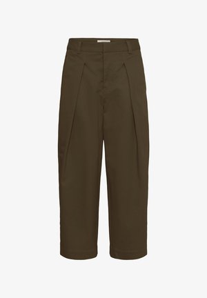 Oliivirohelised lühendatud püksid esikortsude, vööaasa ja kohandatud lõikega.