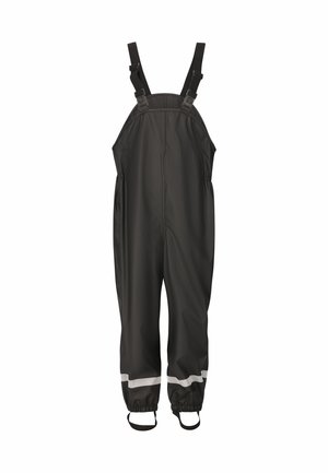 Sorte vandtætte overalls med justerbare skulderstropper og reflekser nær de elastiske ankelmanchetter med fodstropper.