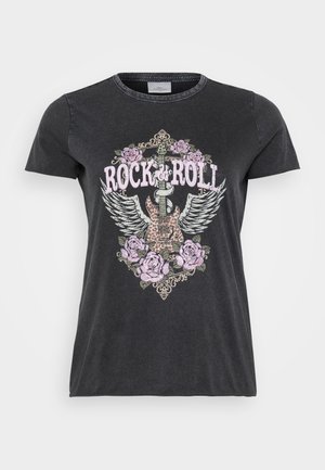 Black cotton t-shirt featuring "Rock & Roll" text, an electric guitar with wings, and floral accents in shades of pink and green.