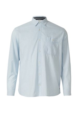 Hellblaues Hemd mit langen Ärmeln, Knopfleiste, Tasche auf der linken Brust, Kragen und einem glatten, leicht strukturierten Stoff.