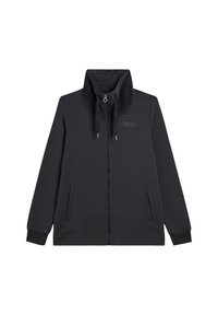 Felpa con zip di un grigio scuro, colletto alto, tasche laterali e coulisse. Tessuto morbido con dettagli testurizzati e logo "FREDDY".