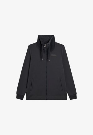 Hoodie zippé gris foncé avec col haut, poches latérales et cordon de serrage. Tissu doux avec des accents texturés et logo "FREDDY".