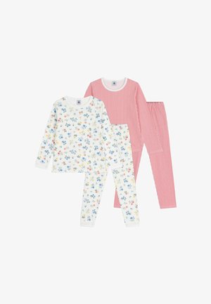 Due set di pigiami per bambini: uno presenta uno sfondo bianco con motivi floreali colorati, l'altro ha strisce verticali rosse e bianche.