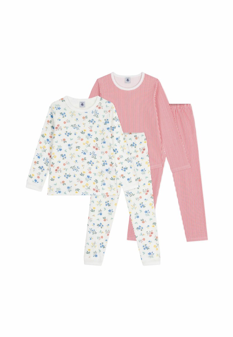 Two sets of children's pajamas: one features a white background with colorful floral patterns, the other has red and white vertical stripes.