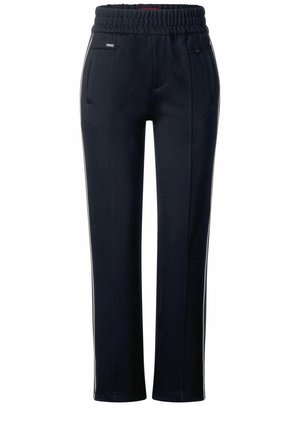 Meripuku vaaleansiniset tapered-housut, joissa on rypytetty vyötärö, kaksi etutaskua ja valkoiset sivuviivat. Pehmeä kangas, jolla on sileä pinta.