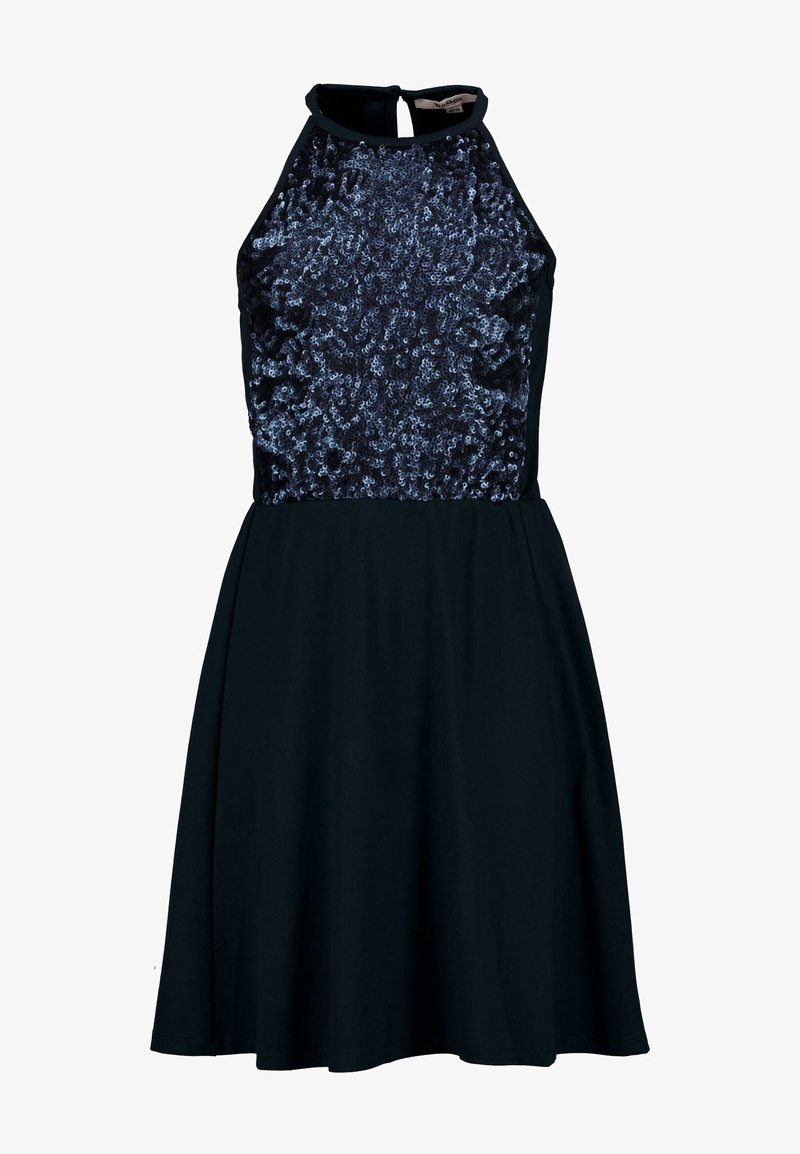 Robe noire sans manches avec corsage pailleté, col montant, dos découpé en forme de serrure et jupe évasée.
