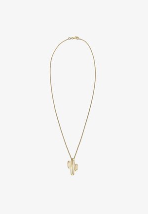 Arany nyaklánc vékony lánccal és kaktusz alakú medállal, amely tiszta vonalakkal és sima felülettel rendelkezik.
