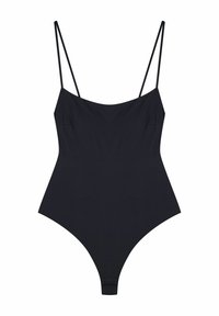 Czarny jednoczęściowy strój kąpielowy z cienkimi regulowanymi ramiączkami, gładką matową fakturą, wycięciem na plecach oraz wysokim krojem nogawek. Posiada zapięcie na napy na dole.