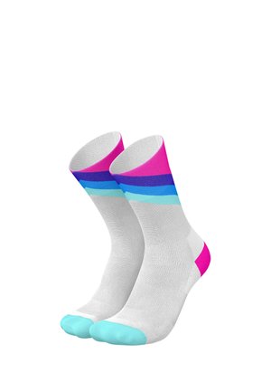 Pair of white crew socks with pink cuffs, blue and purple stripes, and light blue toes and pink heels.