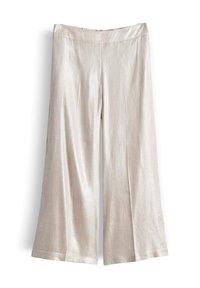 Weit geschnittene, hoch taillierte Hose aus glänzendem, hellbeigem Stoff mit glatter Textur, ohne sichtbare Taschen oder Verzierungen.