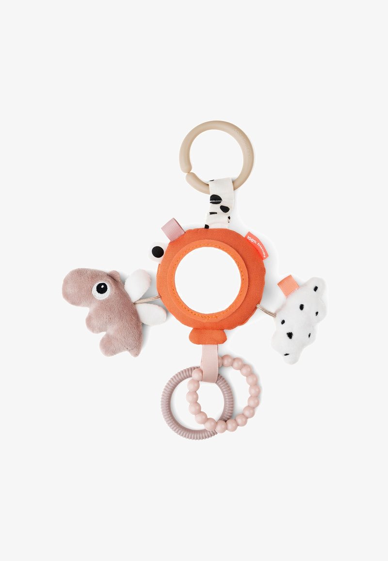 Värviline beebimänguasi, millel on oranž ümmargune keskus peegliga, pehmed roosa ja valge loomakujutised ning paindlikud kummiringid.