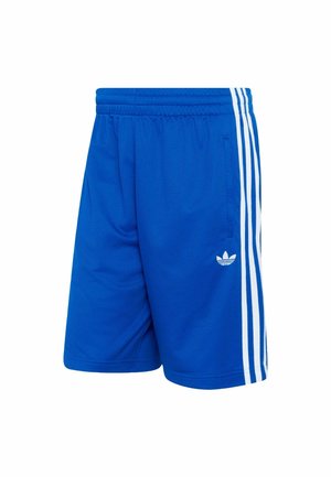 Blaue Mesh-Sportshorts mit elastischem Bund, versehen mit drei weißen Streifen an den Seiten und einem kleinen weißen Logo.