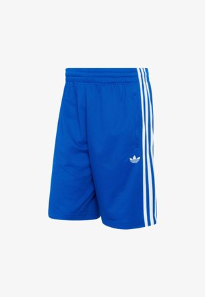 Blaue Mesh-Sportshorts mit elastischem Bund, versehen mit drei weißen Streifen an den Seiten und einem kleinen weißen Logo.