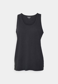 Camisola preta sem mangas feita de tecido suave com decote redondo e corte descontraído, apresentando uma bainha reta e detalhes de costura mínimos.