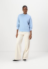 Felpa azzurra con polsini e bordo a costine, abbinata a pantaloni crema a vita alta e gamba larga, e sneakers nere. Un outfit semplice e casual.