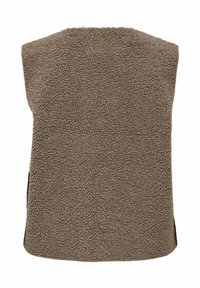 Gilet en polaire texturé marron vu de dos, avec une surface douce et bouclée et un ourlet droit.