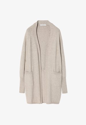 Beige open-front cardigan made of soft fabric, featuring long sleeves, ribbed cuffs, and two front pockets. Simple, classic design.