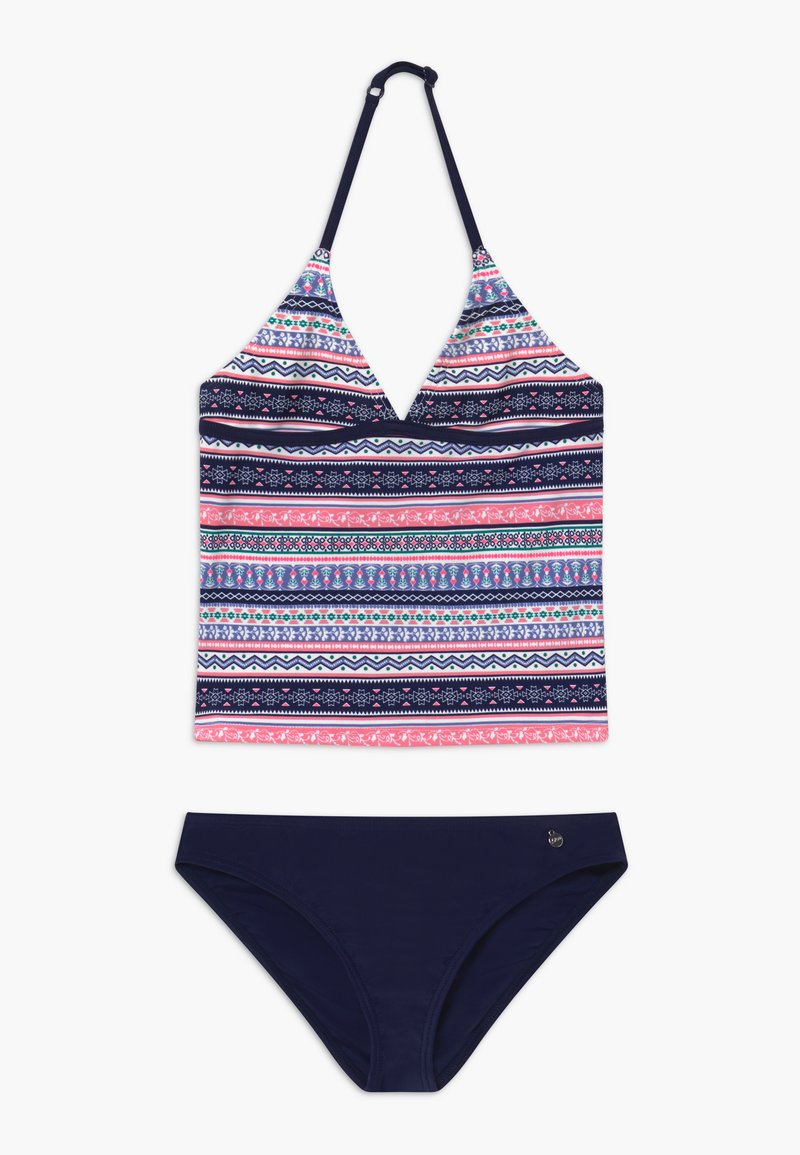 Ensemble de maillot de bain deux pièces comprenant un haut à halter avec des motifs géométriques colorés et un bas uni bleu marine. Fabriqué en tissu extensible.