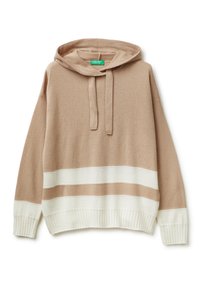 Pull à capuche marron clair avec une texture douce, présentant des rayures blanches et un ourlet côtelé. Cordon de serrage réglable au niveau du col.