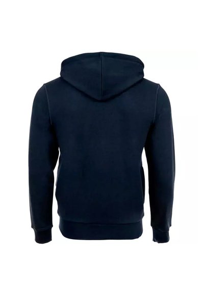 Felpa con cappuccio di un blu navy scuro, maniche lunghe, polsini a costine e tasca a marsupio frontale; tessuto morbido e testurizzato.