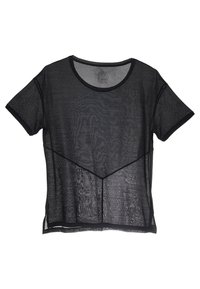 Black mesh short-sleeve top with a round neckline, featuring geometric seams and a sheer texture, edged with solid black trim.