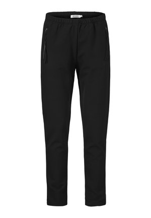 Pantaloni da jogging neri realizzati in tessuto morbido, con vita elastica, tasche laterali con zip e design a gamba affusolata.