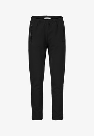 Pantaloni da jogging neri realizzati in tessuto morbido, con vita elastica, tasche laterali con zip e design a gamba affusolata.