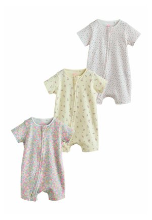 Three short-sleeve baby rompers with front zippers, featuring small floral patterns in white, yellow, and multicolored designs.