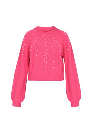 Rózsaszín kötött pulóver, rövidített fazonnal, kerek nyakkivágással és hosszú puffujjakkal. Gyöngyszerű díszítéssel a mellrészen.