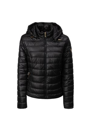 Sort polstret jakke med hætte, quiltet tekstur, fuld lynlås og guldfarvede detaljer på lynlåse og skuldre. Letvægtsdesign for varme.