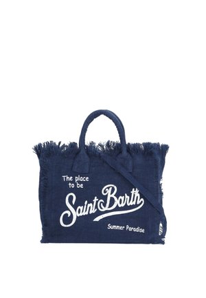 Sac fourre-tout en tissu bleu marine avec bords frangés, doubles poignées et texte blanc indiquant « The place to be Saint Barth Summer Paradise. »