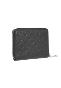 Portafoglio in pelle nera con motivo floreale in rilievo, chiusura con zip e hardware argentato. Forma rettangolare compatta con superficie texturizzata.
