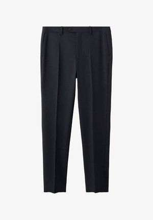 Pantalones de vestir negros a medida con trabillas para el cinturón, botón frontal y bolsillos laterales, diseñados con corte recto en la pierna.