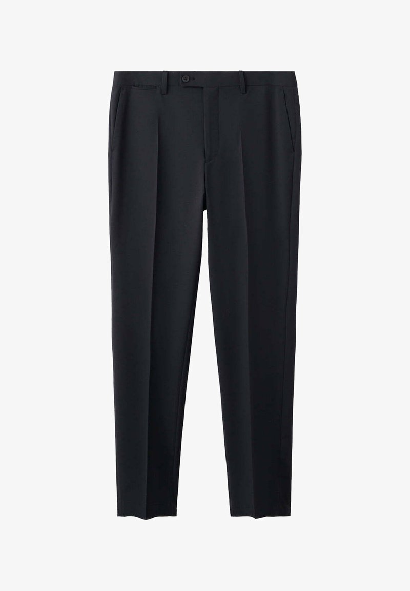 Pantalon habillé noir ajusté avec passants pour ceinture, bouton à l’avant et poches latérales, conçu avec une coupe droite.