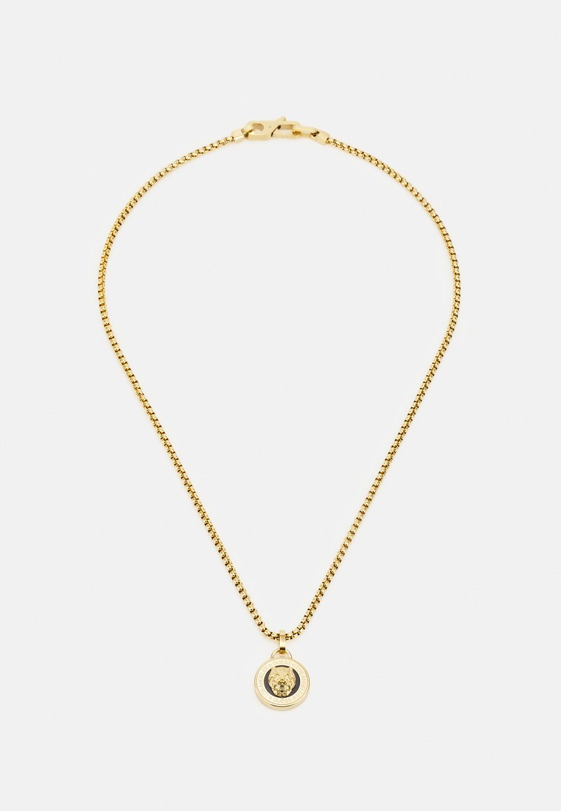 Gouden ketting met een gestructureerd schakeldesign en een ronde hanger met een leeuwenmotief in reliëf. Sluiting met haak is inbegrepen.