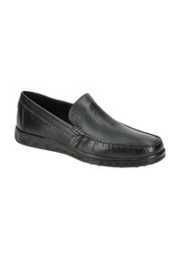 Scarpa nera in pelle slip-on con finitura liscia, dettagli cuciti e suola in gomma flessibile per comfort e facilità d'uso.
