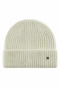 Cremfarbener, gerippter Strickbeanie mit umgeschlagenem Bündchen. Verfügt über ein strukturiertes Material und ein kleines Metall-Logo-Akzent nahe dem unteren Rand.