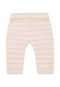 Legginsy w kolorze kremowym z cienkimi, jasnoróżowymi poziomymi paskami, z miękkim elastycznym paskiem w talii i gładką bawełnianą teksturą.