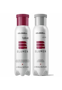 Goldwell Elumen hair color products: two cylindrical bottles, one with a maroon cap labeled "Tq@all" and the other with a silver cap labeled "Lock."