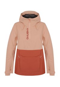 Béžová a cihlová větruvzdorná bunda, design na půl zip, nastavitelná kapuce, přední kapsa a elastické manžety. Hladká textura s matným povrchem.