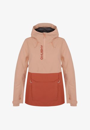 Béžová a cihlová větruvzdorná bunda, design na půl zip, nastavitelná kapuce, přední kapsa a elastické manžety. Hladká textura s matným povrchem.