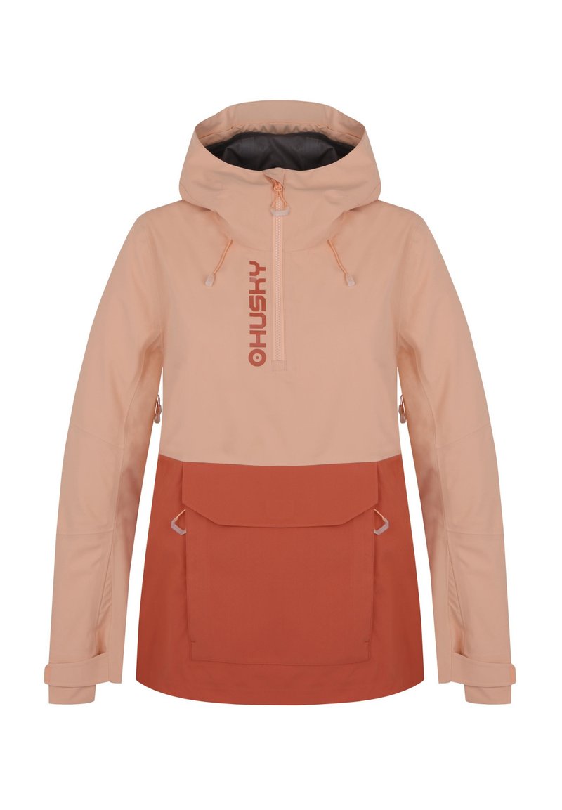 Béžová a cihlová větruvzdorná bunda, design na půl zip, nastavitelná kapuce, přední kapsa a elastické manžety. Hladká textura s matným povrchem.