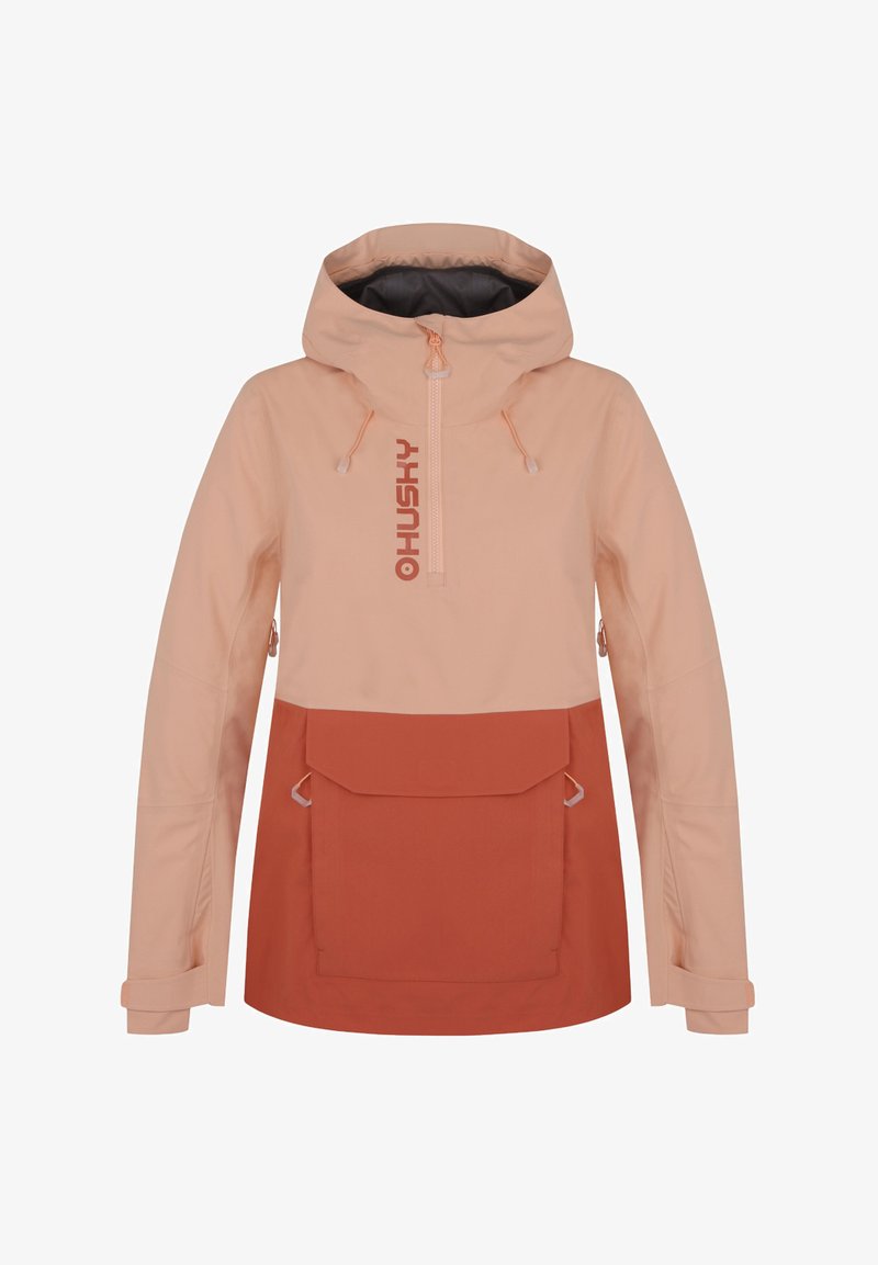 Béžová a cihlová větruvzdorná bunda, design na půl zip, nastavitelná kapuce, přední kapsa a elastické manžety. Hladká textura s matným povrchem.