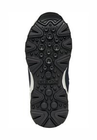 Semelle de chaussure en caoutchouc noir avec rainures de traction et trous de ventilation circulaires. Présente le logo Geox et un marquage de taille identifiable.