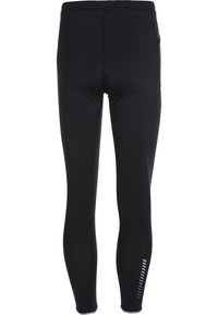 Svarta sportleggings gjorda av elastiskt material, med en åtsittande design, mjuk textur och en reflektiv detalj på underbenet.