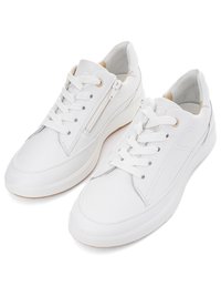 Pair of white leather sneakers with lace-up fronts and side zippers, displayed on a white background.