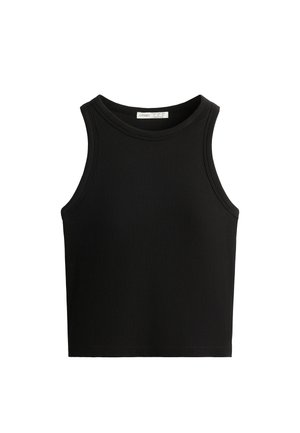 Črni rebrasti top, ki ima okroglo izrez in široke armholes. Material se zdi mehak in ima telesu prilegajoč dizajn.